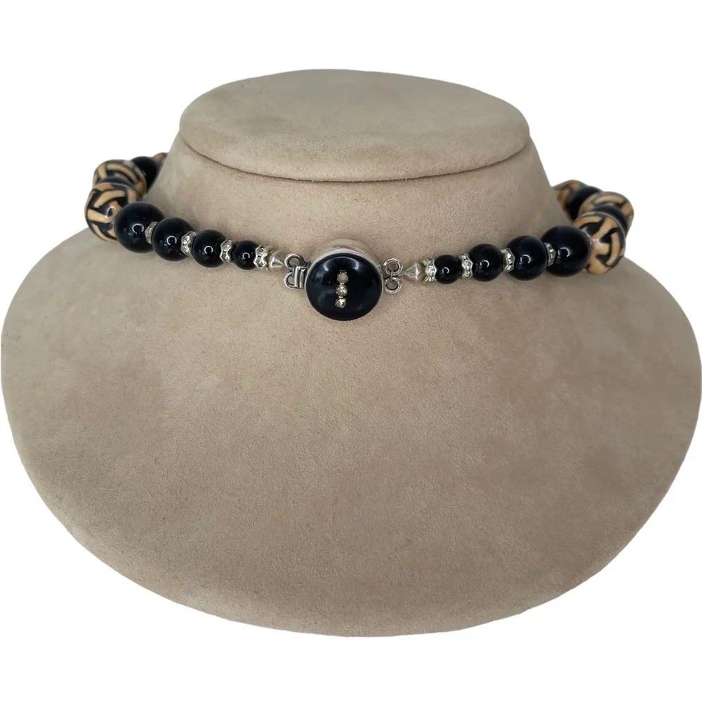 Basket Weave Beads, Black Onxy, Sterling Silver & Swarovski Crystal Necklace - Picture 3 of 6